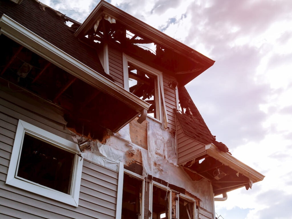 Storm damaged roof after hurricane
