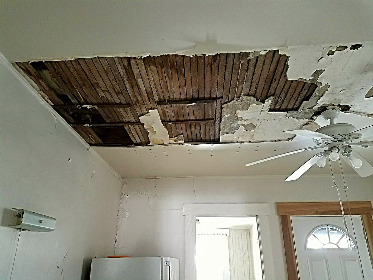 A heavily damaged ceiling 