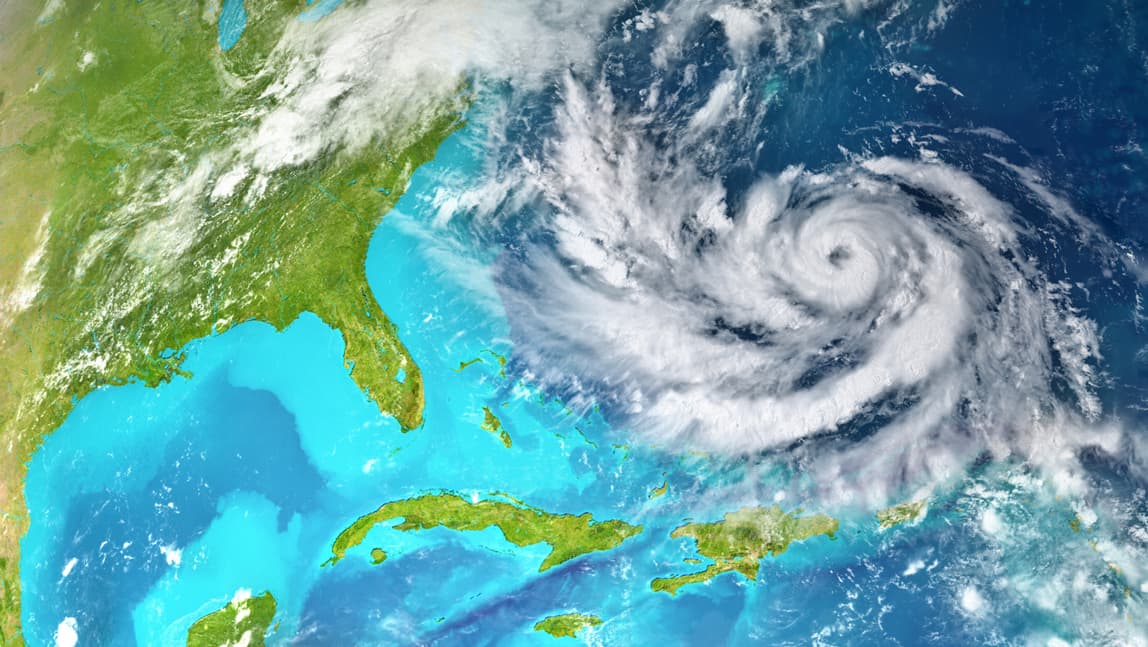 Satellite image showing a hurricane in the Atlantic Ocean near the southeastern US.