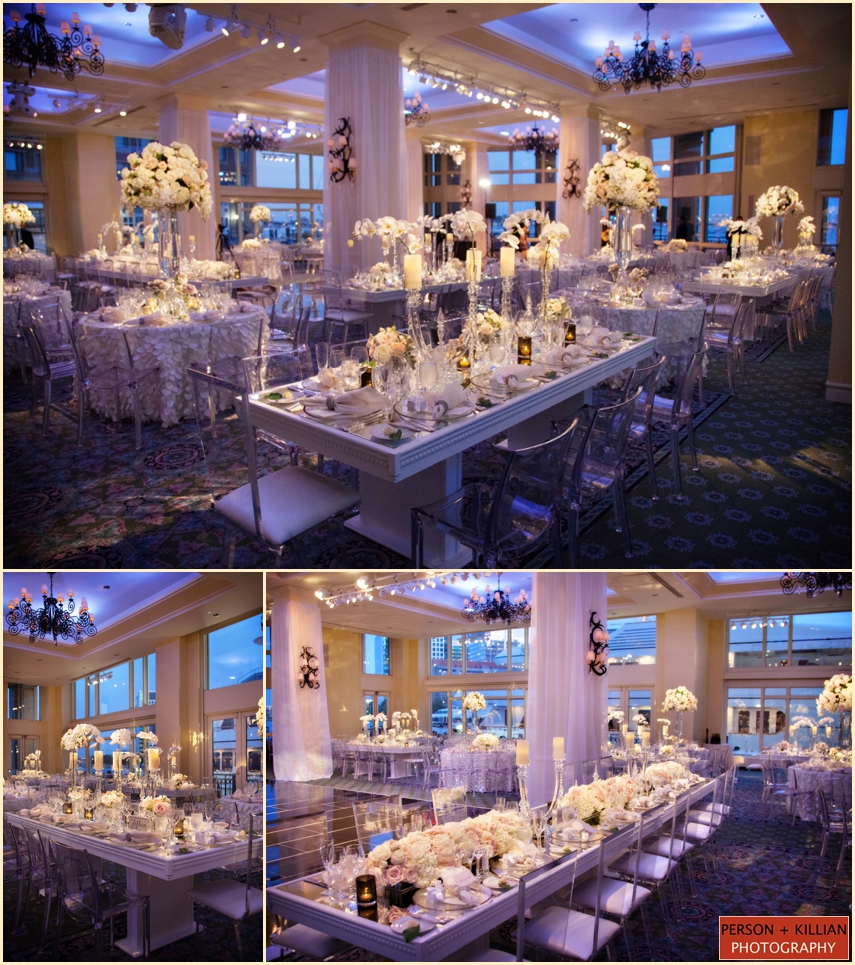 Elegant wedding reception with floral centerpieces.