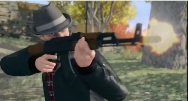 Person firing a gun outdoors, wearing hat.
