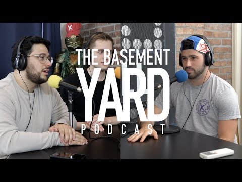Three men recording The Basement Yard podcast.