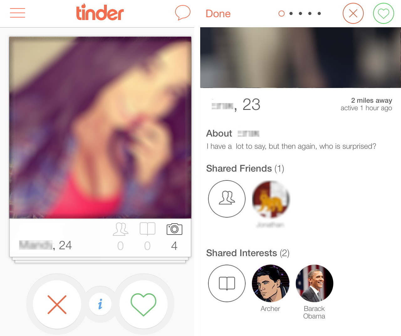 Tinder profile interface with shared interests displayed.