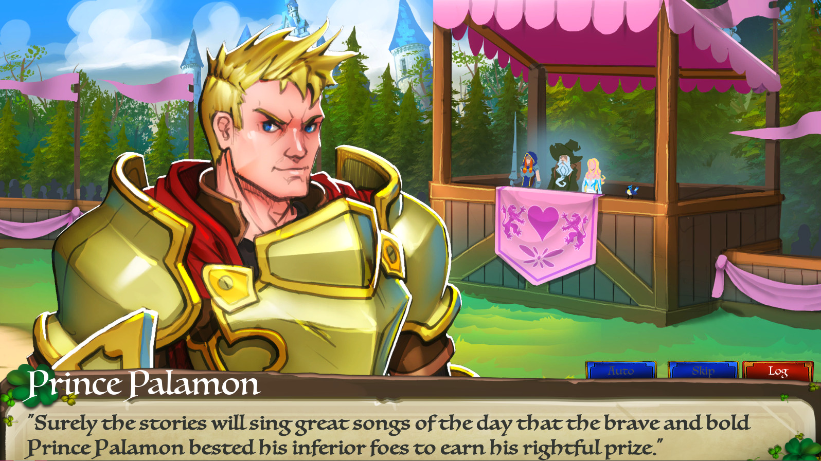 Animated knight with text dialogue box.